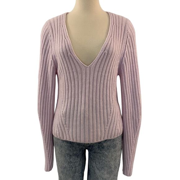 VINCE Ribbed Wool Cashmere Sweater Plunge V-Neck Light Pink/Lilac Size M - Picture 1 of 12